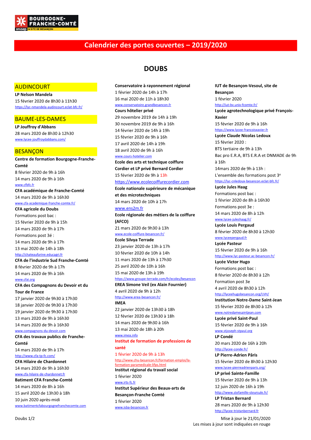 Calendrier Des Portes Ouvertes – 2019/2020 DOUBS