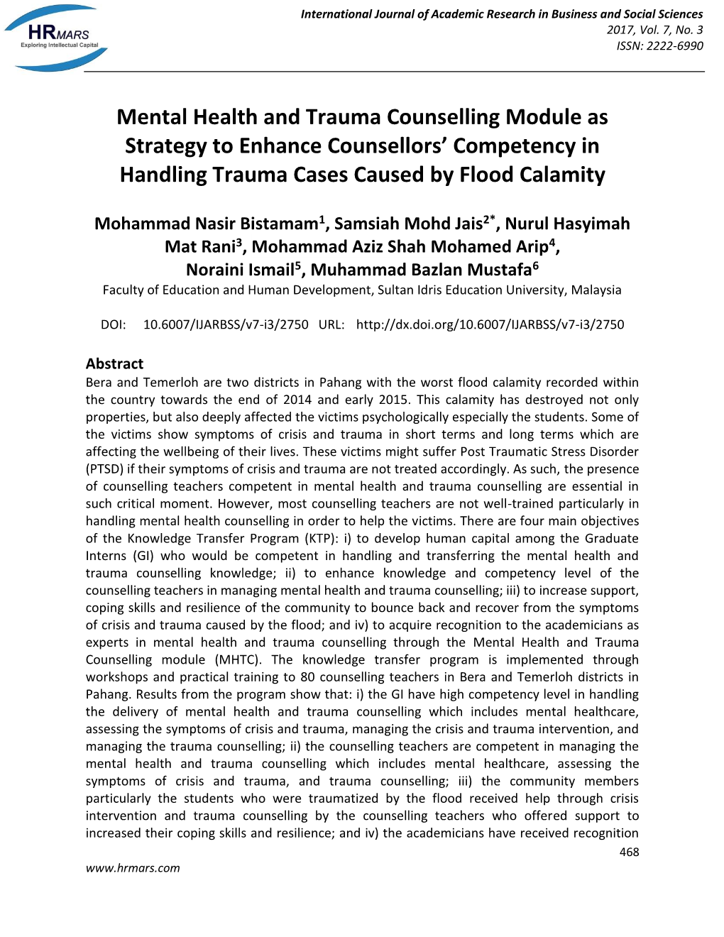 Mental Health and Trauma Counselling Module As Strategy to Enhance Counsellors’ Competency in Handling Trauma Cases Caused by Flood Calamity