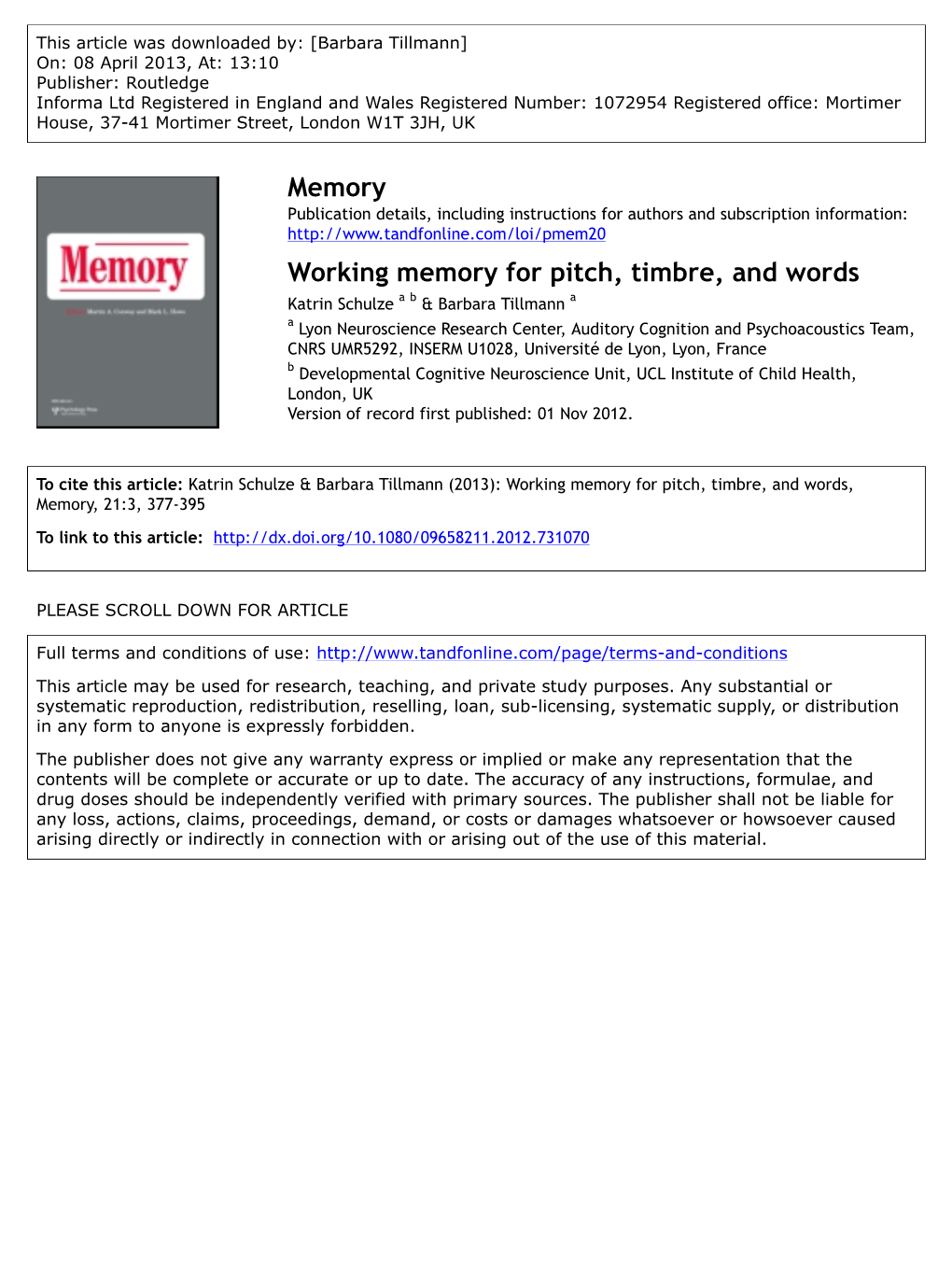 Working Memory for Pitch, Timbre, and Words