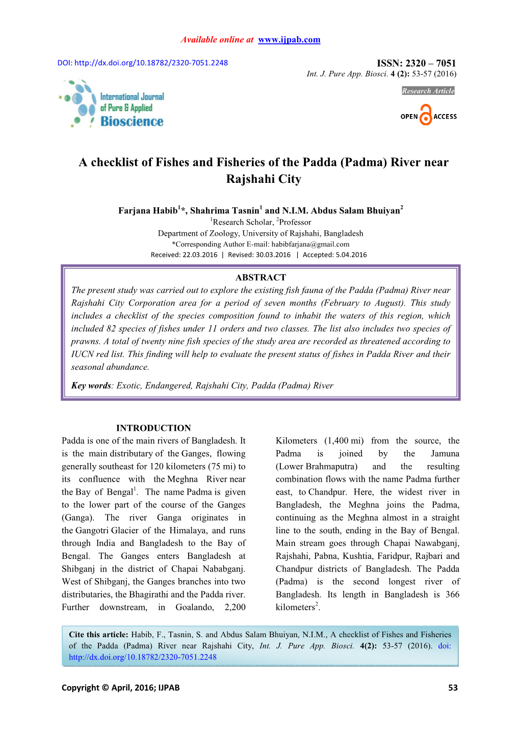 A Checklist of Fishes and Fisheries of the Padda (Padma) River Near Rajshahi City