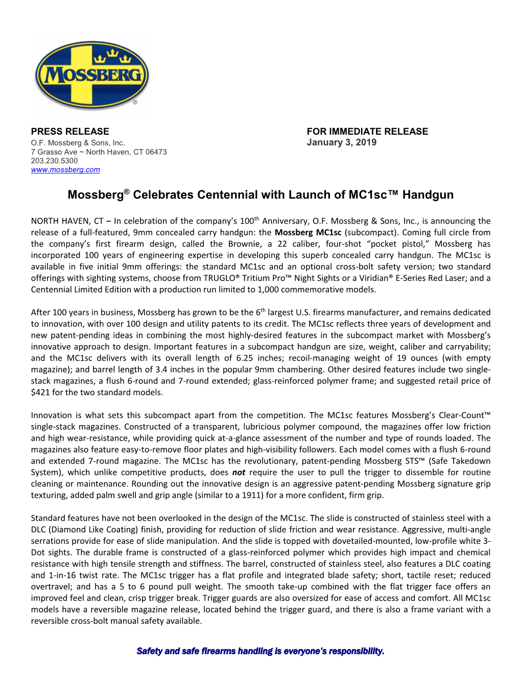 Mossberg® Celebrates Centennial with Launch of Mc1sc™ Handgun