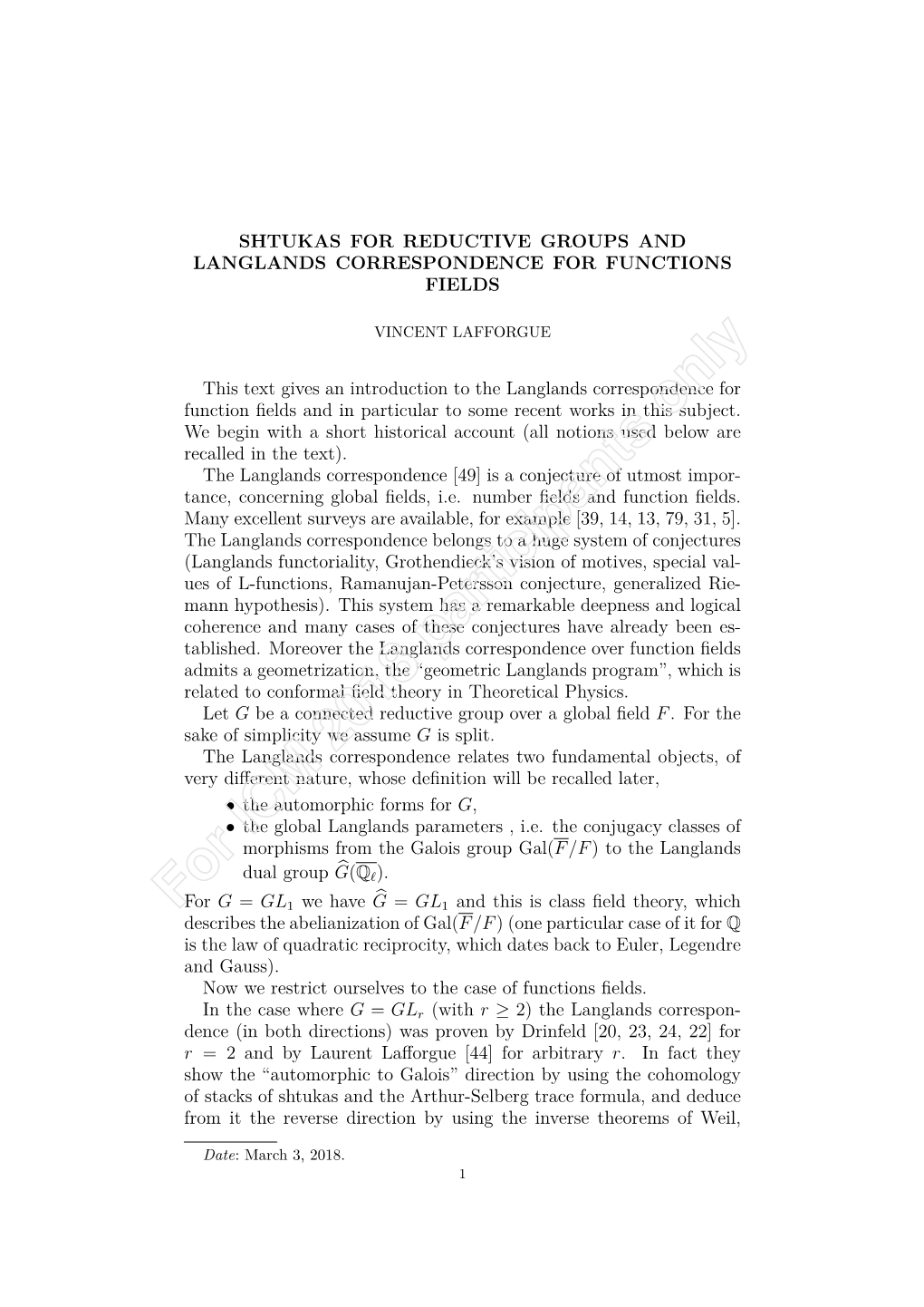 Shtukas for Reductive Groups and Langlands Correspondence for Functions Fields