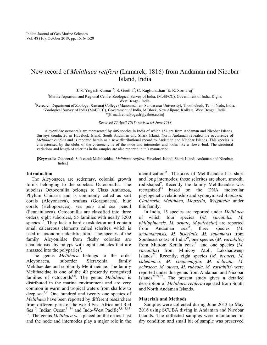 New Record of Melithaea Retifera (Lamarck, 1816) from Andaman and Nicobar Island, India