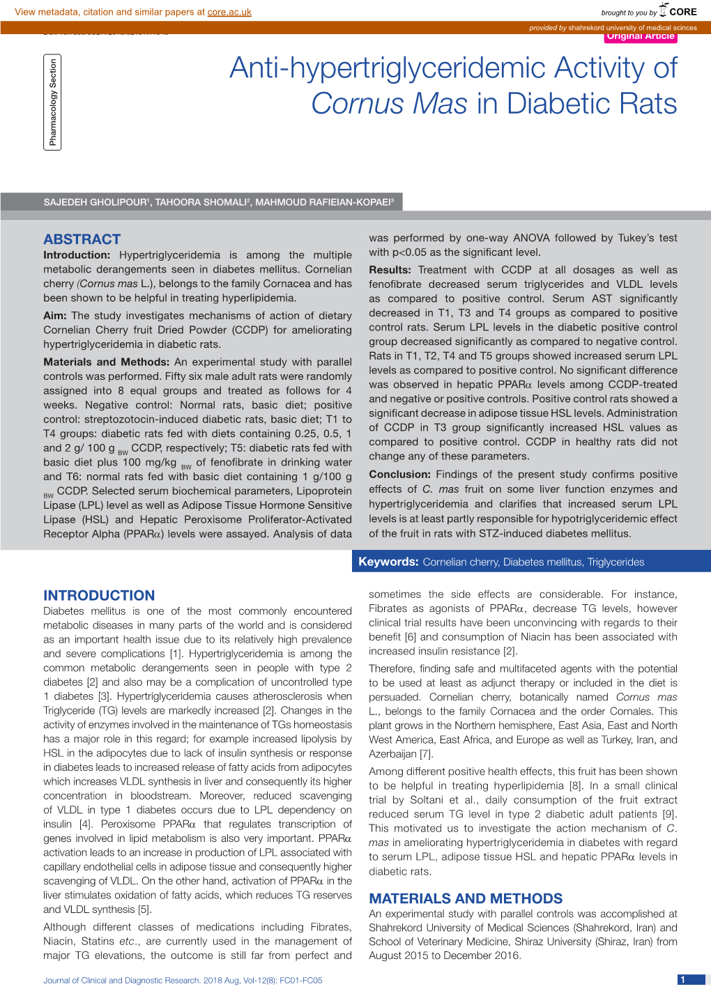 Cornus Mas in Diabetic Rats Pharmacology Section Short Communication