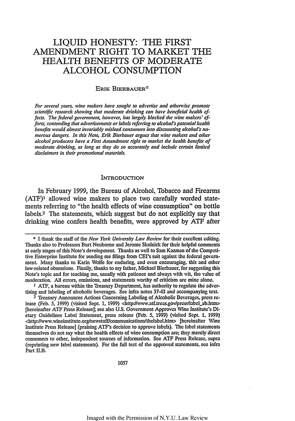 Liquid Honesty: the First Amendment Right to Market the Health Benefits of Moderate Alcohol Consumption