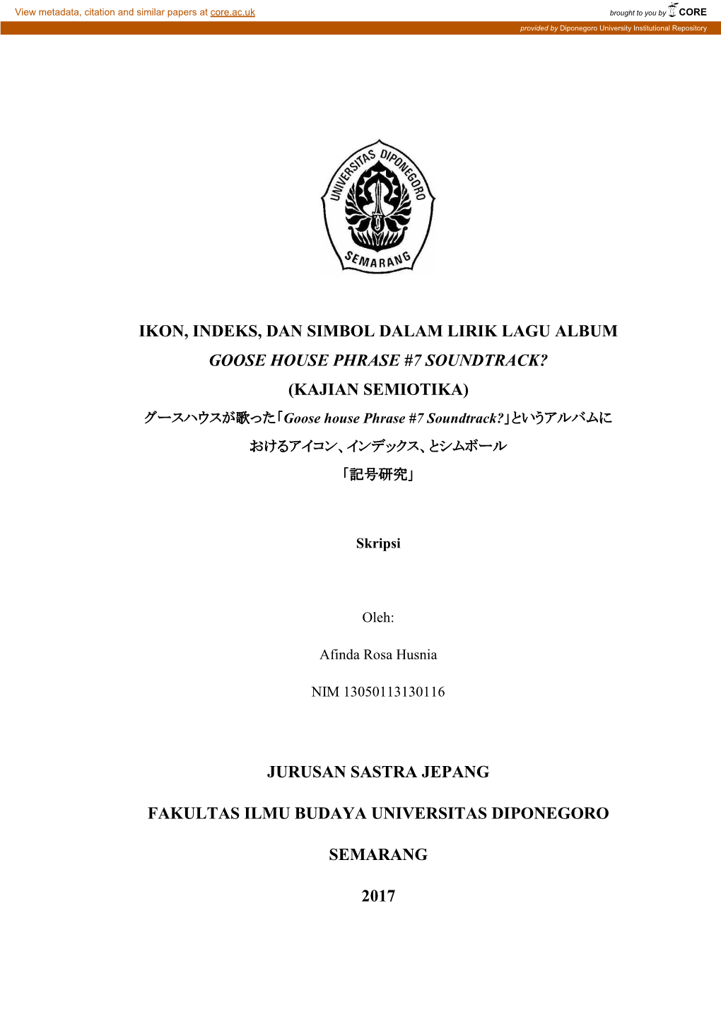 KAJIAN SEMIOTIKA) グースハウスが歌った「Goose House Phrase #7 Soundtrack?」というアルバムに おけるアイコン、インデックス、とシムボール 「記号研究」