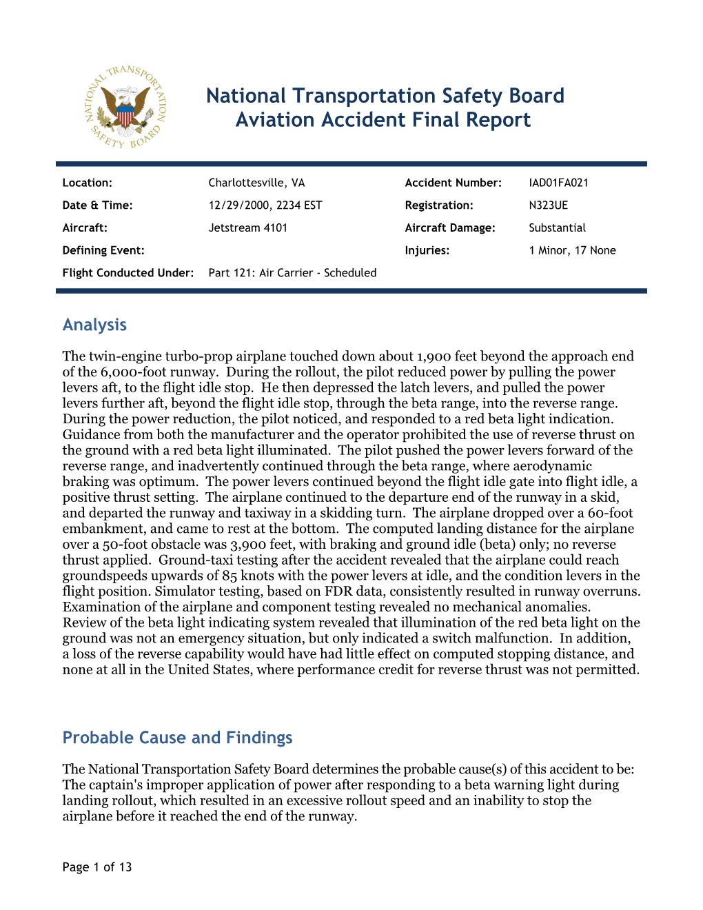 National Transportation Safety Board Aviation Accident Final Report