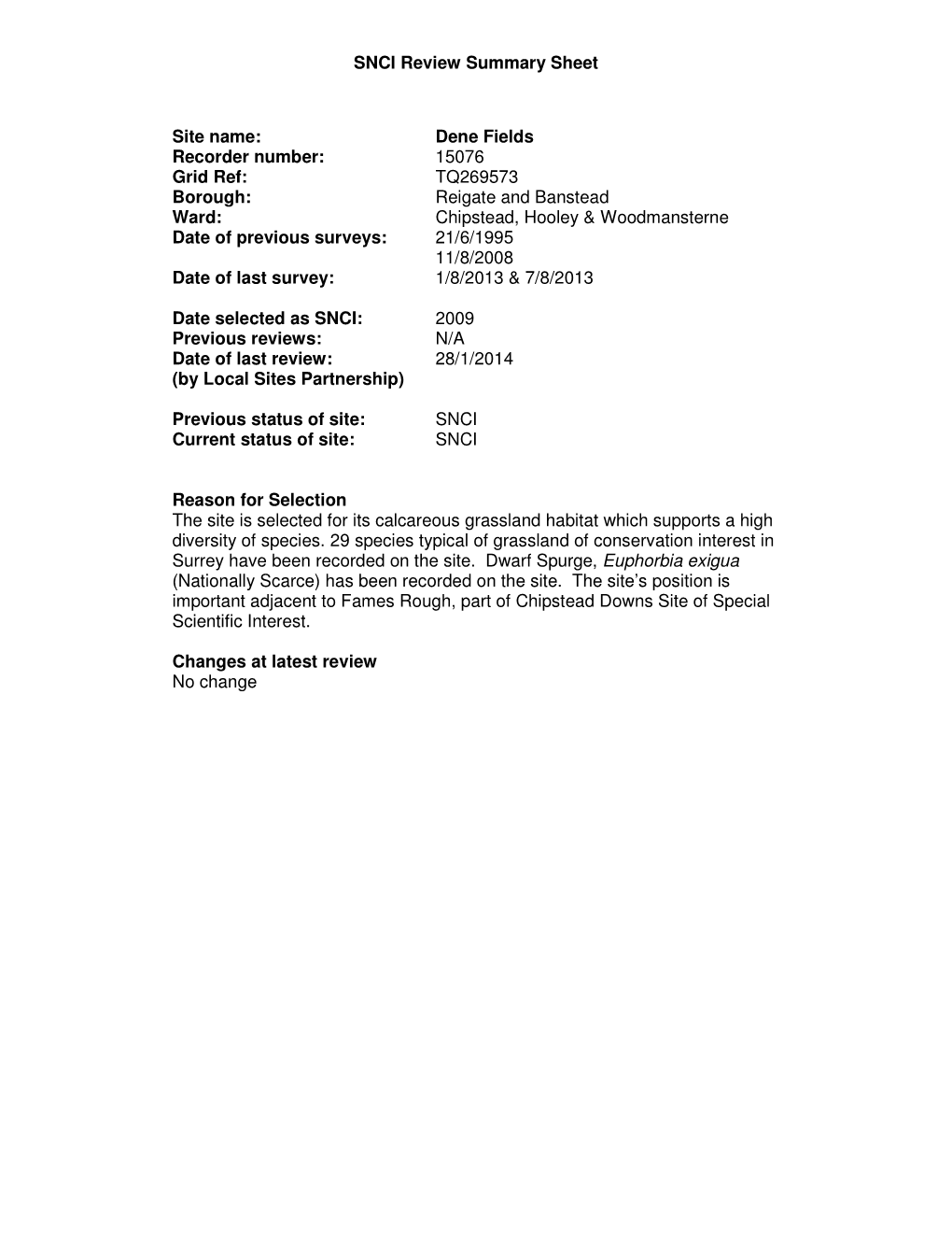 SNCI Review Summary Sheet Site Name: Dene Fields Recorder