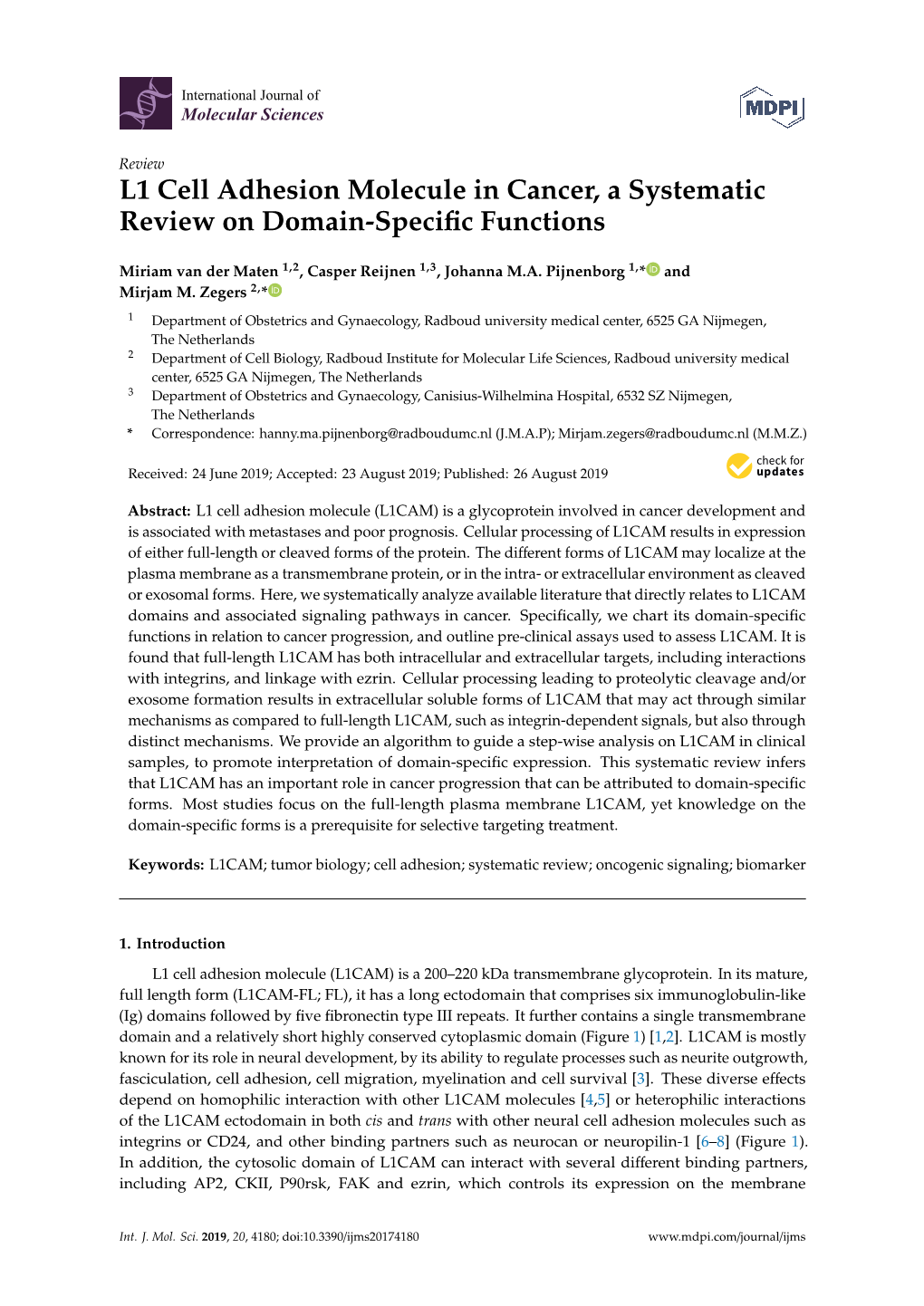 L1 Cell Adhesion Molecule in Cancer, a Systematic Review on Domain-Speciﬁc Functions