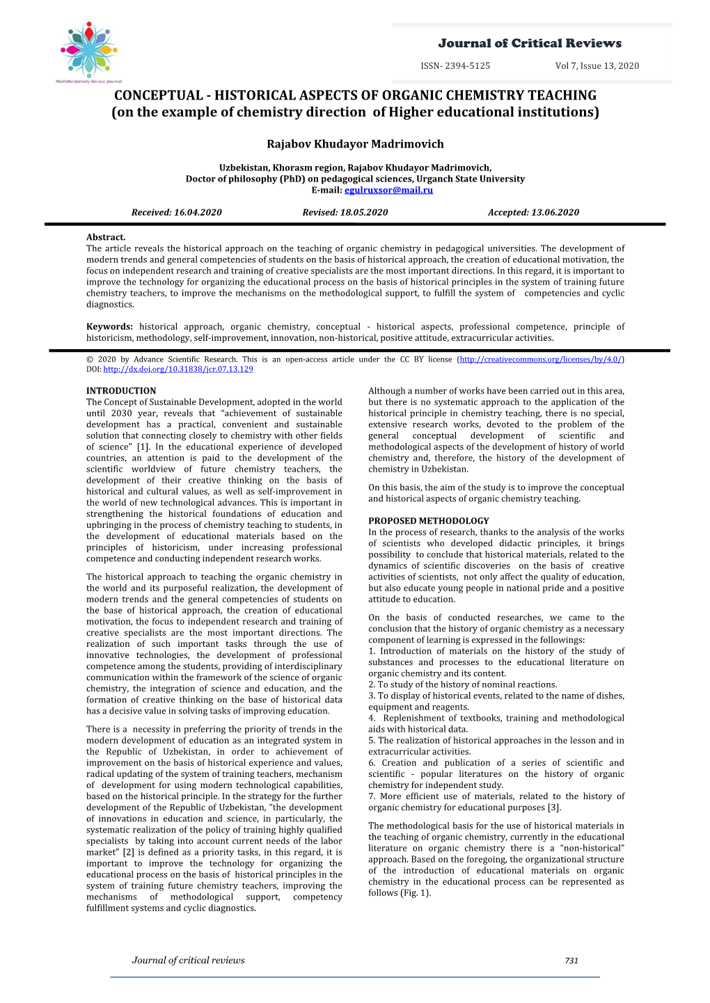 HISTORICAL ASPECTS of ORGANIC CHEMISTRY TEACHING (On the Example of Chemistry Direction of Higher Educational Institutions)