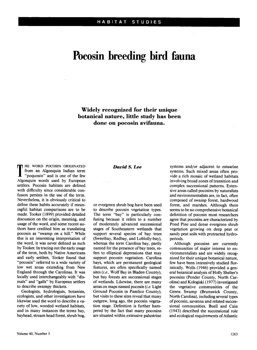 Pocosin Breeding Bird Fauna