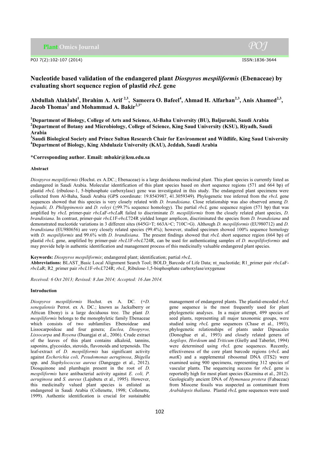 (Ebenaceae) by Evaluating Short Sequence Region of Plastid Rbcl Gene