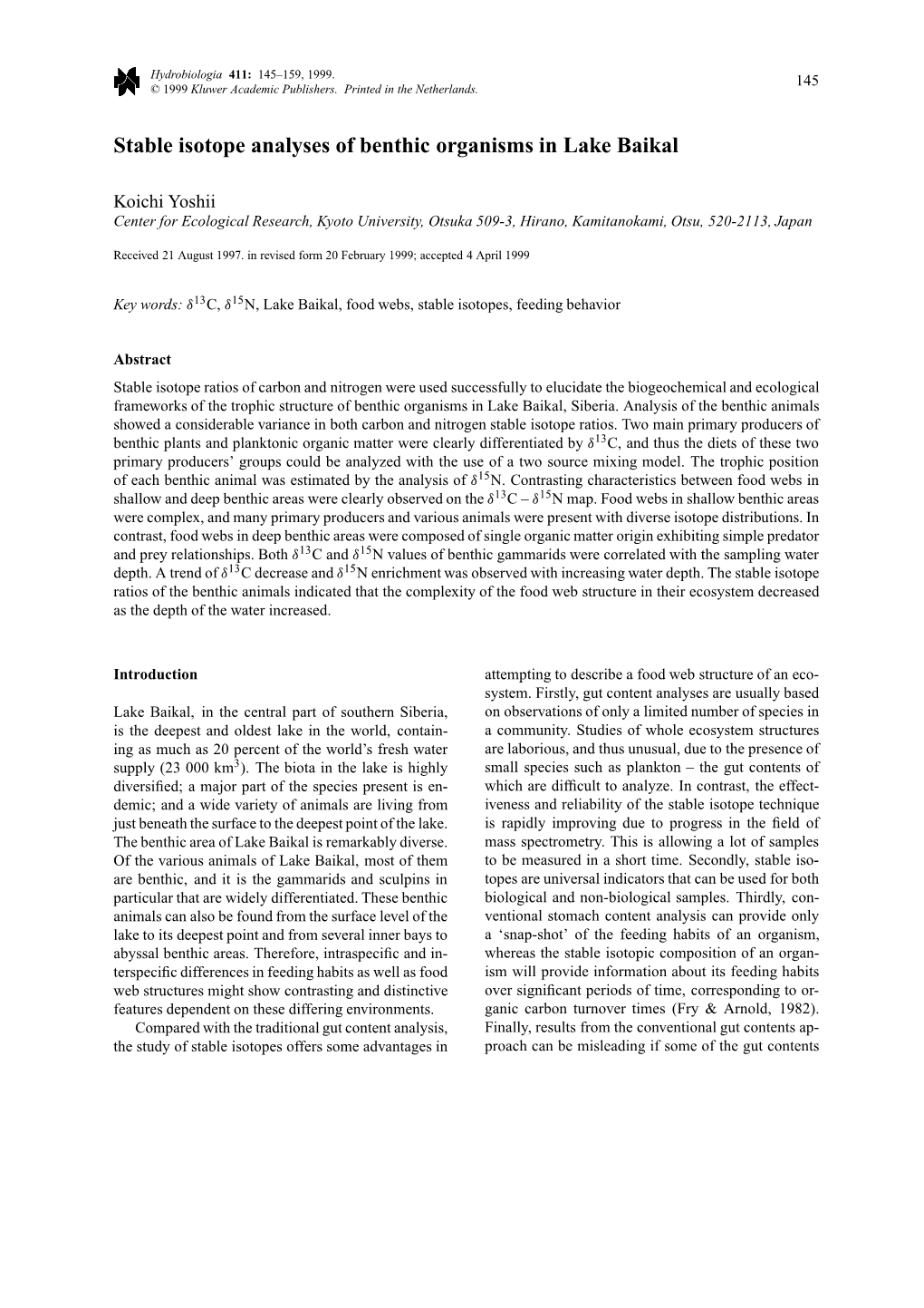 Stable Isotope Analyses of Benthic Organisms in Lake Baikal