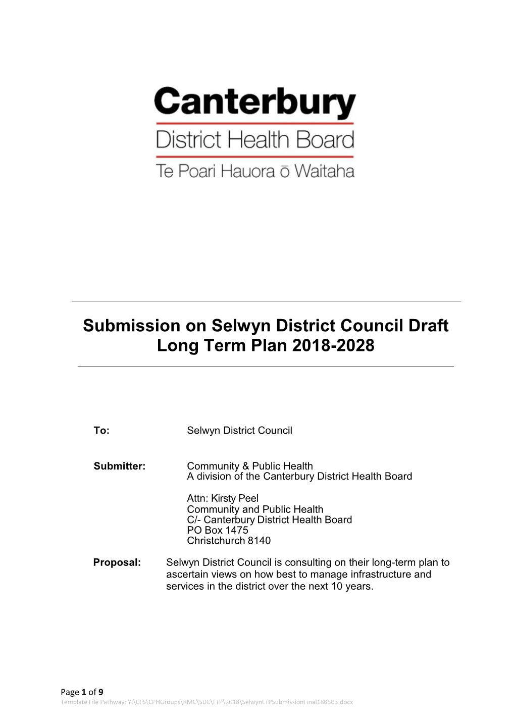 Submission on Selwyn District Council Draft Long Term Plan 2018-2028