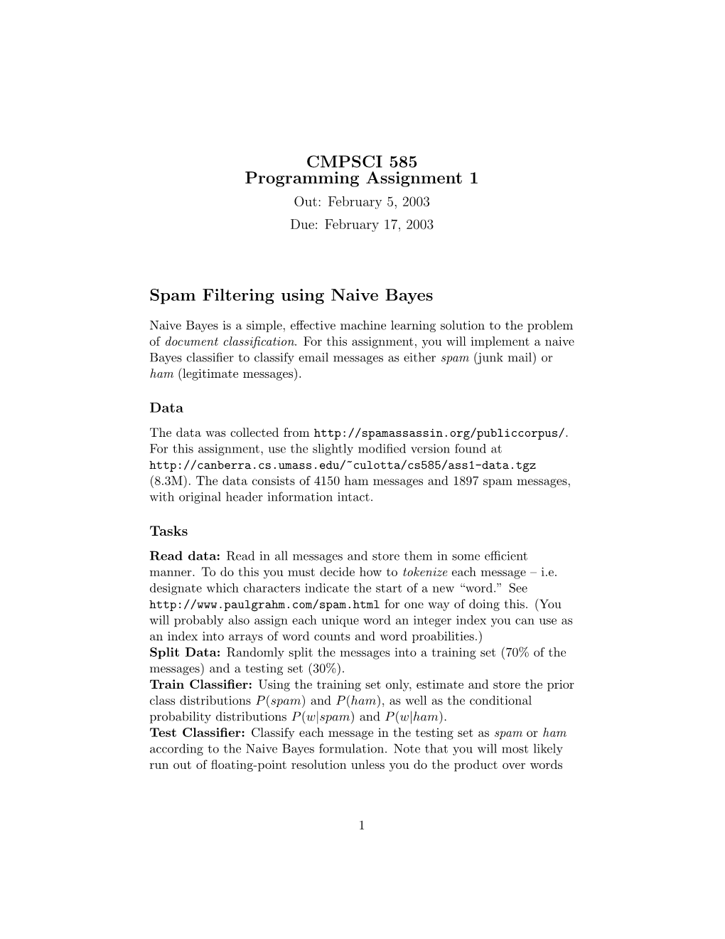 CMPSCI 585 Programming Assignment 1 Spam Filtering Using Naive Bayes