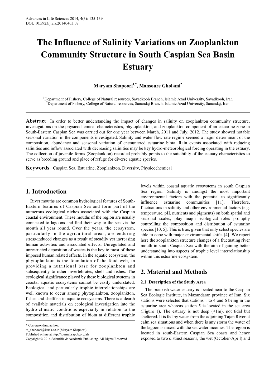 Caspian Sea, Estuarine, Zooplankton, Diversity, Physicochemical