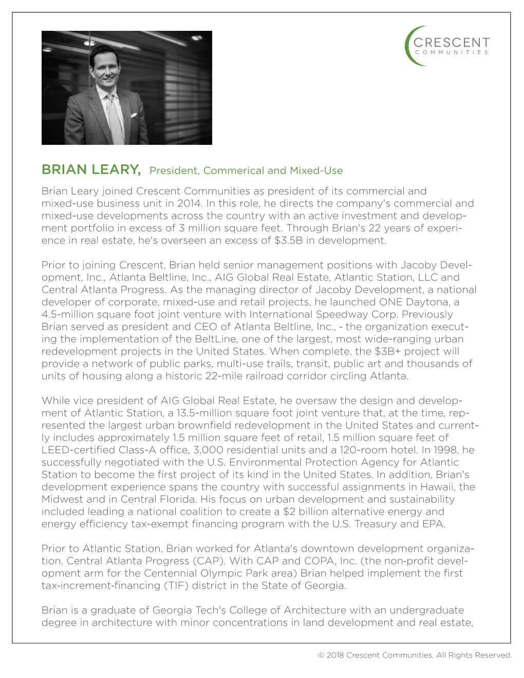Brian Leary Joined Crescent Communities As President of Its Commercial and Mixed-Use Business Unit in 2014
