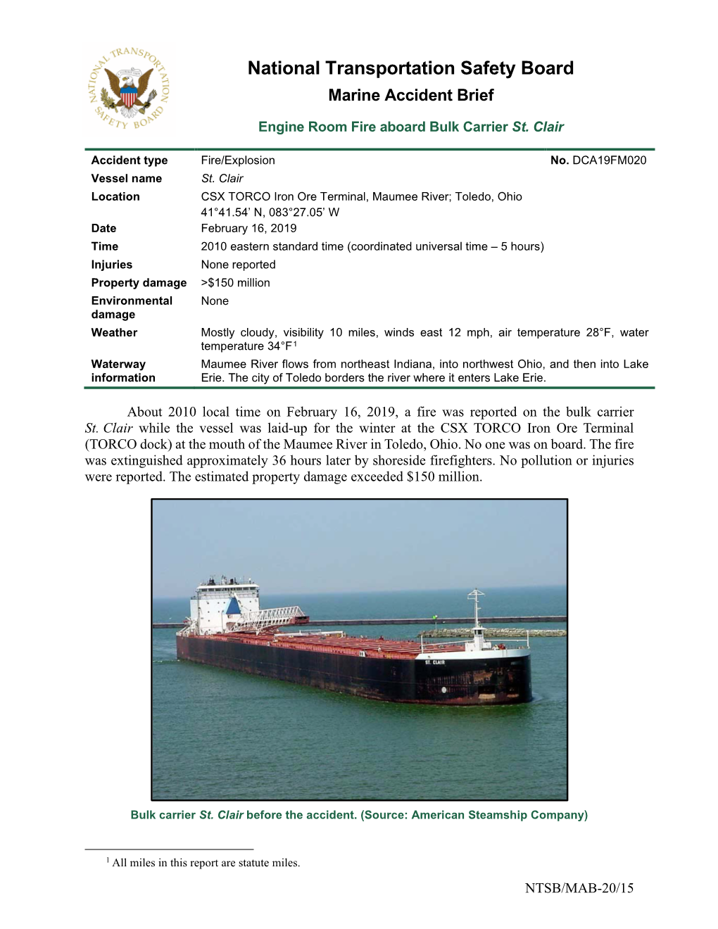 Engine Room Fire Aboard Bulk Carrier St. Clair