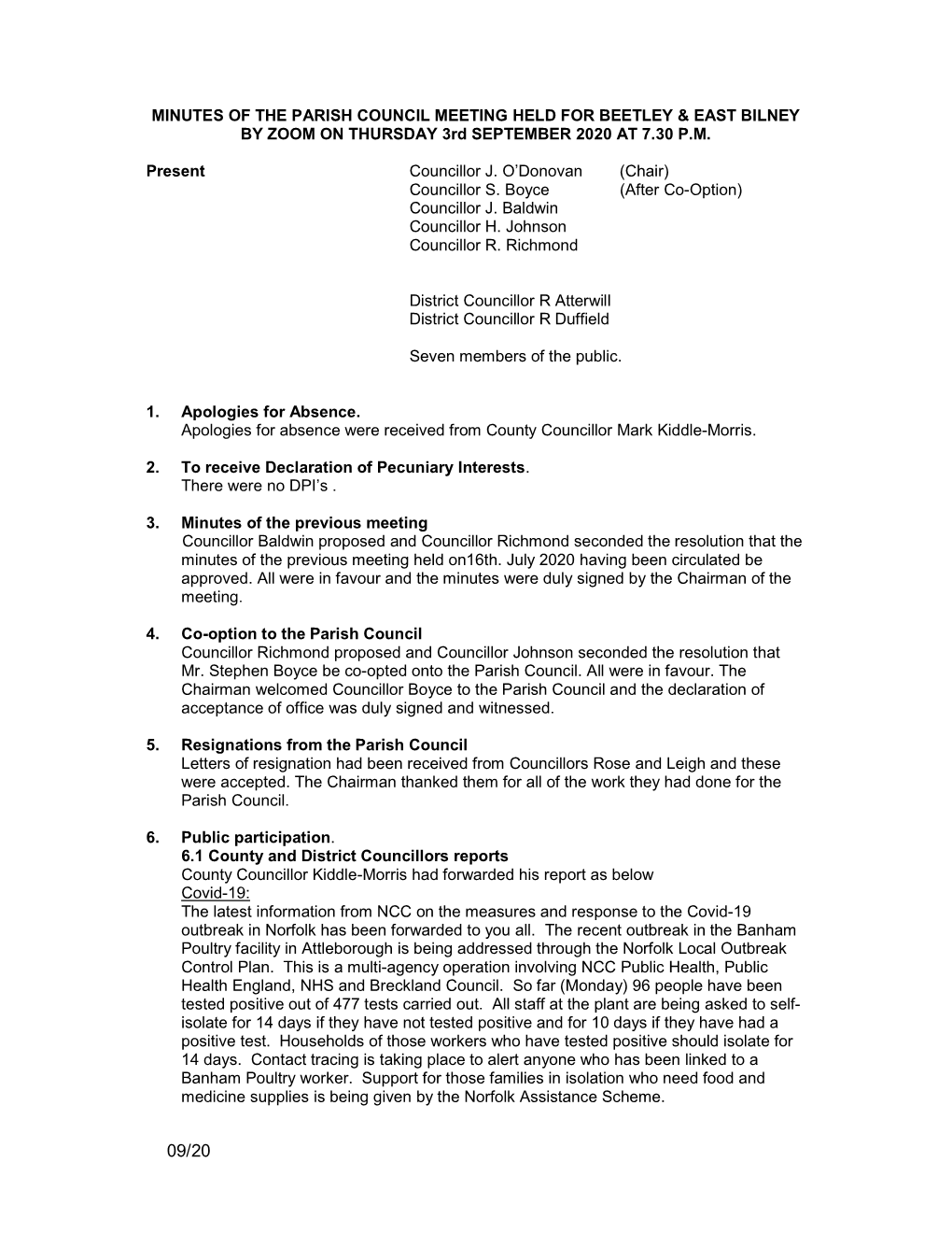 MINUTES of the PARISH COUNCIL MEETING HELD for BEETLEY & EAST BILNEY by ZOOM on THURSDAY 3Rd SEPTEMBER 2020 at 7.30 P.M