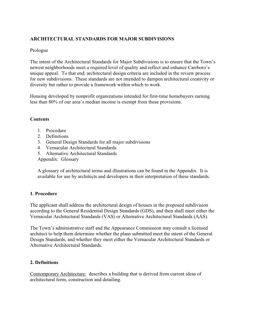 Architectural Standards for Major Subdivisions