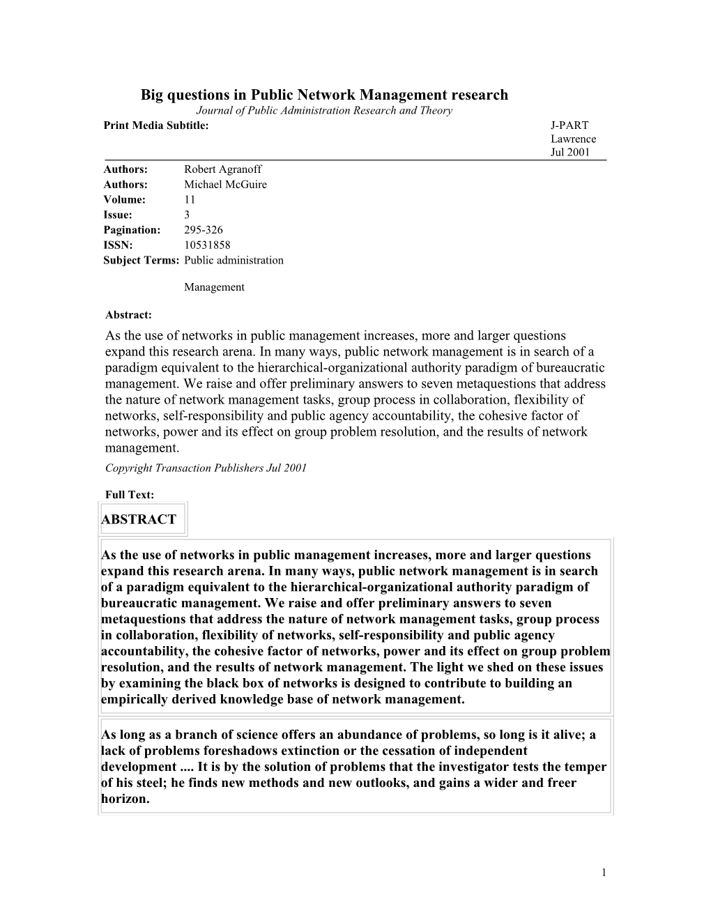 Big Questions in Public Network Management Research Journal of Public Administration Research