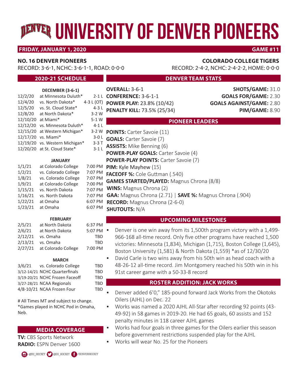 University of Denver Pioneers Friday, January 1, 2020 Game #11 No