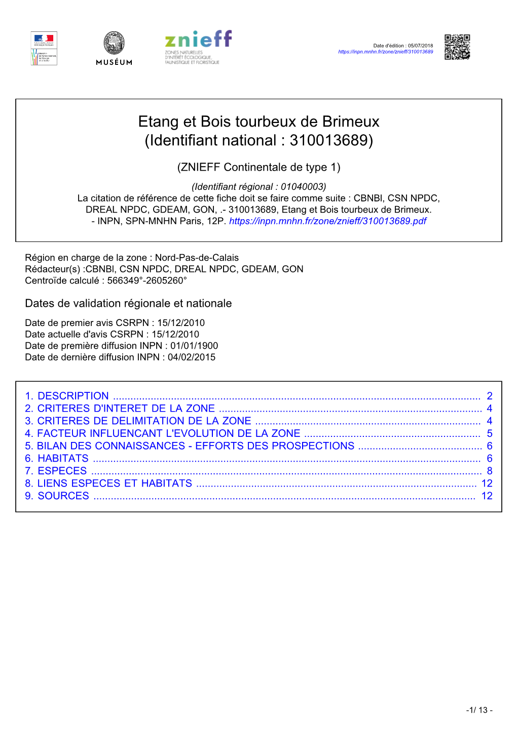 Etang Et Bois Tourbeux De Brimeux (Identifiant National : 310013689)