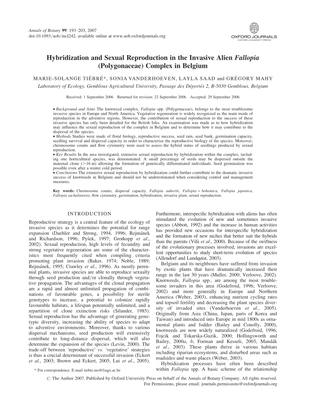 Hybridization and Sexual Reproduction in the Invasive Alien Fallopia (Polygonaceae) Complex in Belgium