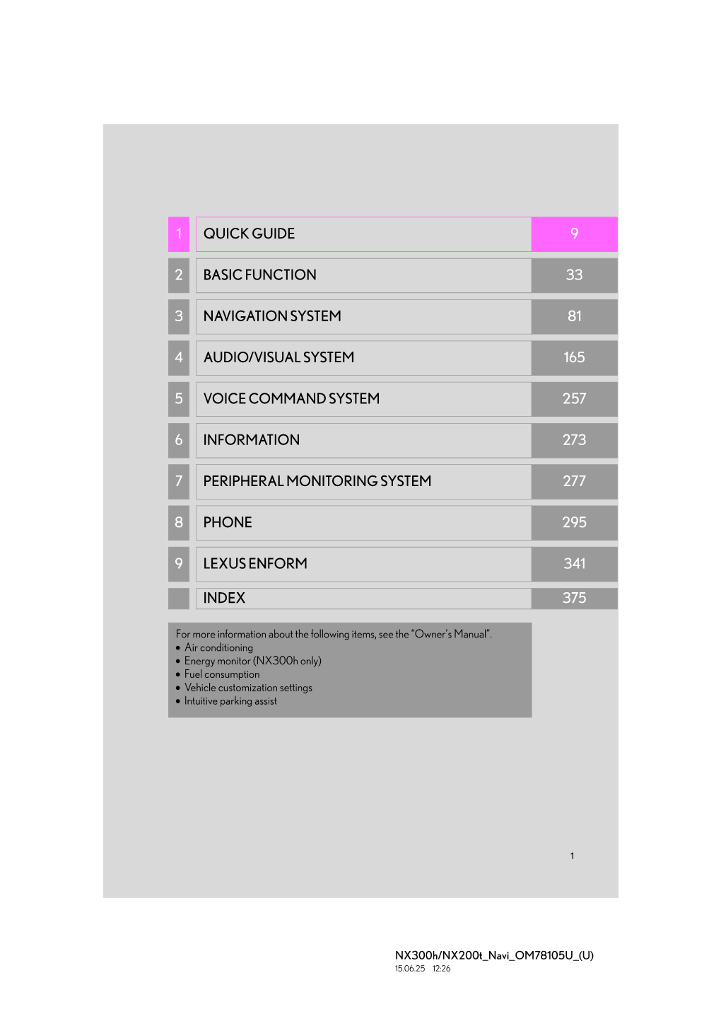 1 Quick Guide 9 2 Basic Function 33 3 Navigation