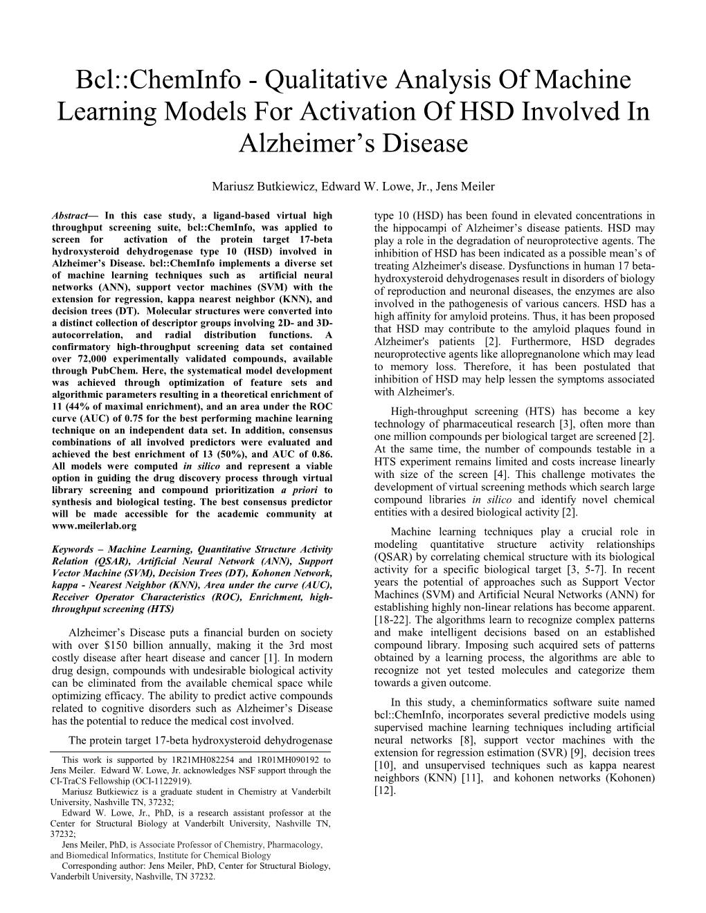 Cheminfo - Qualitative Analysis of Machine Learning Models for Activation of HSD Involved in Alzheimer’S Disease
