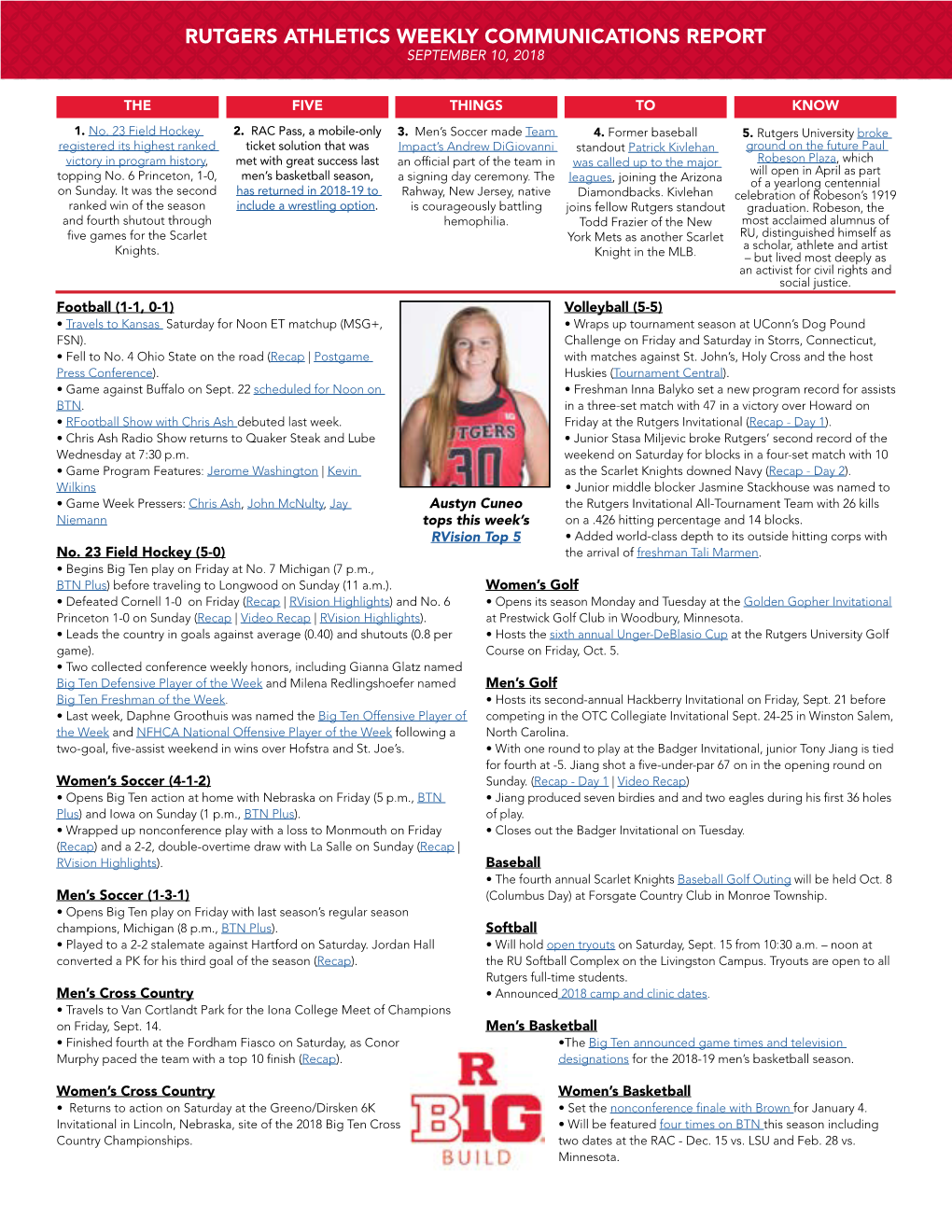 Rutgers Athletics Weekly Communications Report September 10, 2018