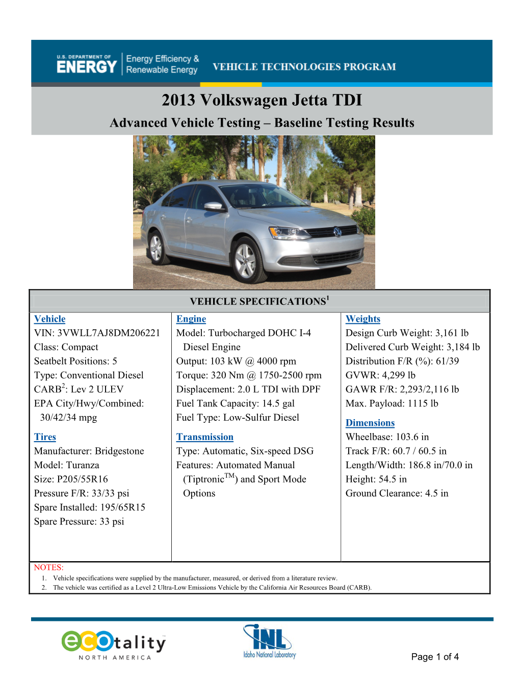 2013 Volkswagen Jetta TDI Advanced Vehicle Testing – Baseline Testing Results