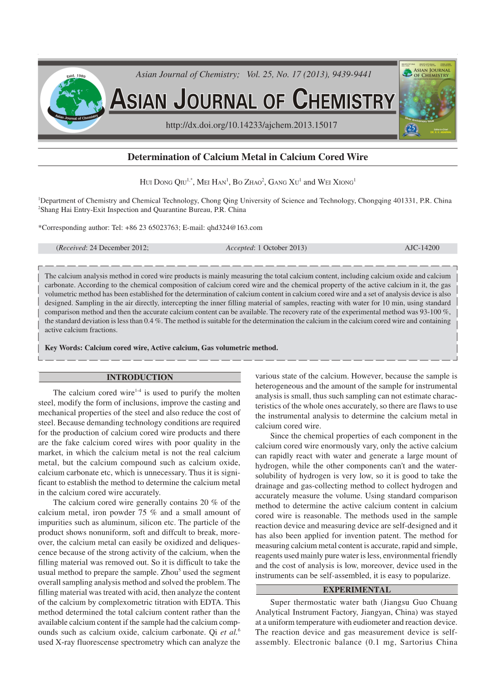 Determination of Calcium Metal in Calcium Cored Wire