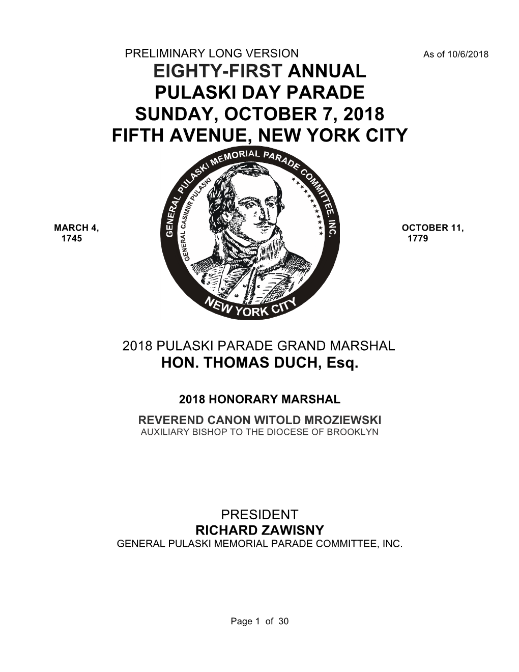 Eighty-First Annual Pulaski Day Parade Sunday, October 7, 2018 Fifth Avenue, New York City