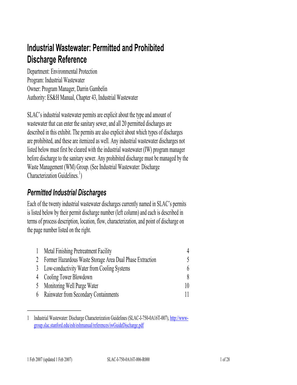 Industrial Wastewater: Permitted and Prohibited Discharge Reference