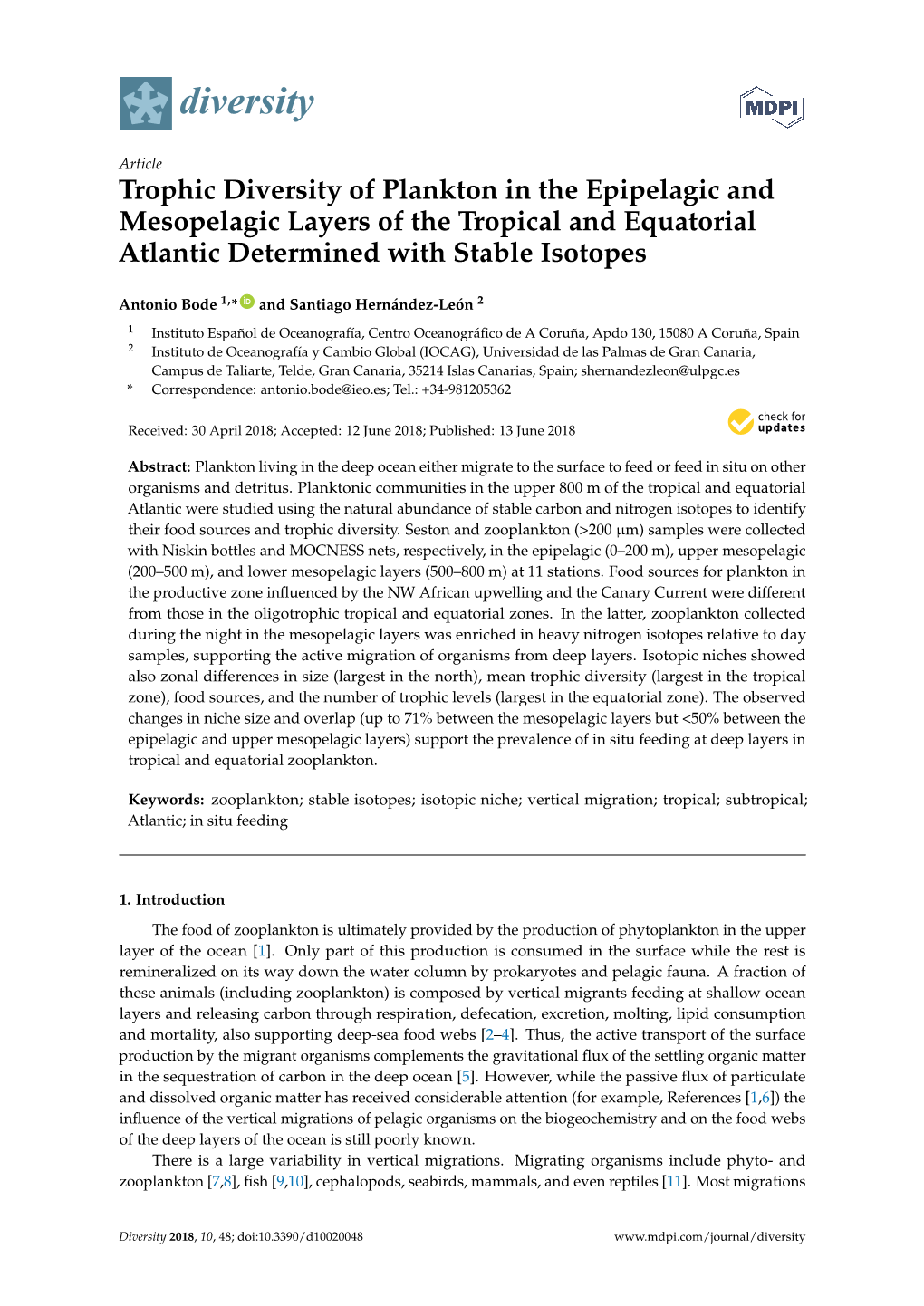 Trophic Diversity of Plankton in the Epipelagic and Mesopelagic Layers of the Tropical and Equatorial Atlantic Determined with Stable Isotopes