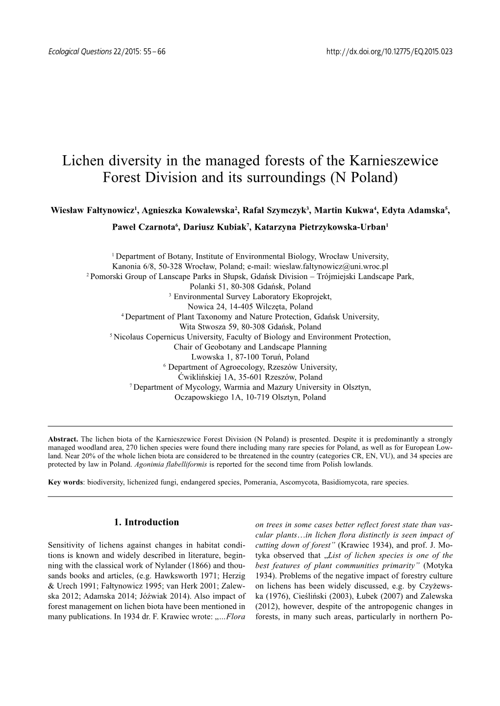 Lichen Diversity in the Managed Forests of the Karnieszewice Forest Division and Its Surroundings (N Poland)