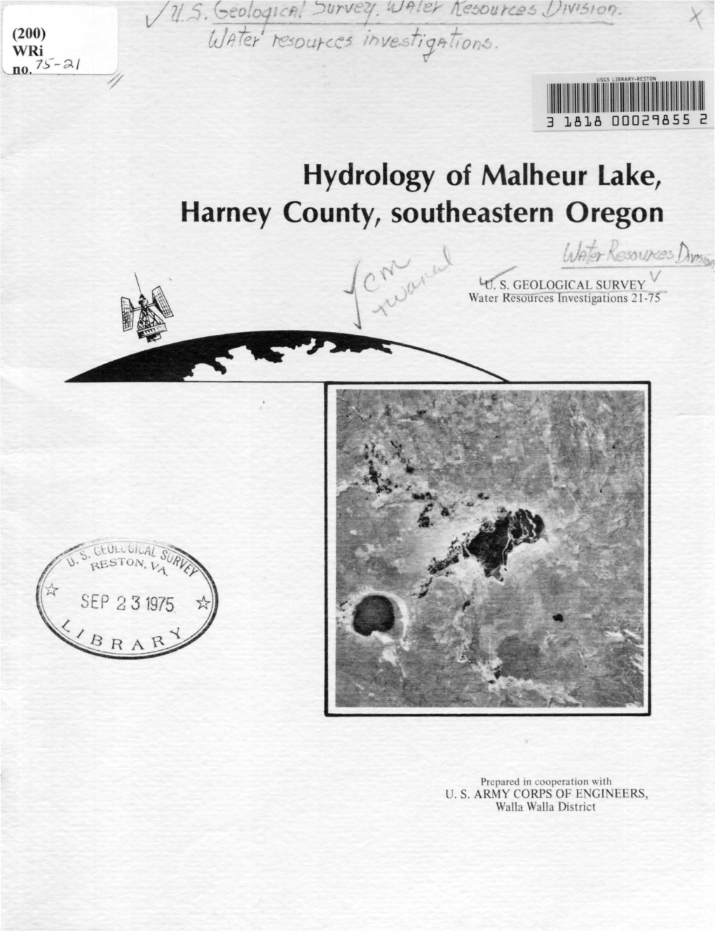 Hydrology of Malheur Lake, Harney County, Southeastern Oregon J, ./J V