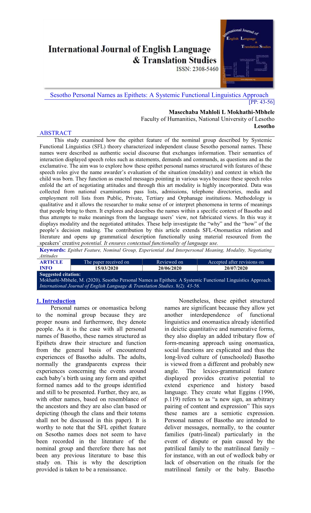 Sesotho Personal Names As Epithets: a Systemic Functional Linguistics Approach