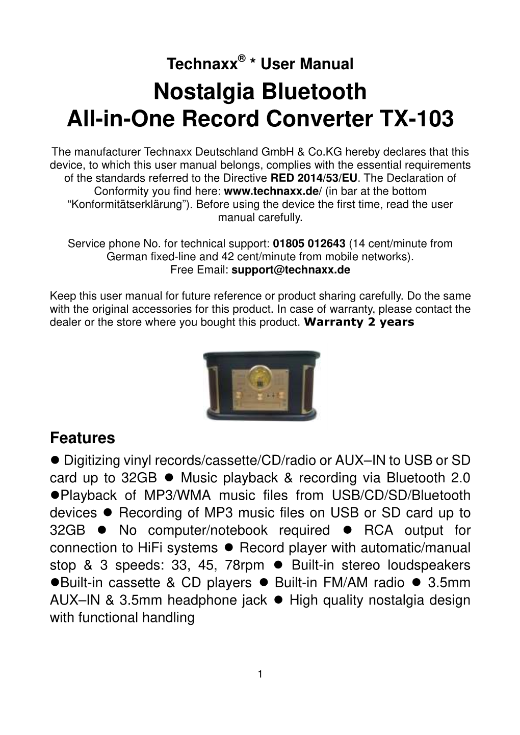 Nostalgia BT LP Converter All-In-One TX-103 Manual English 08-2017