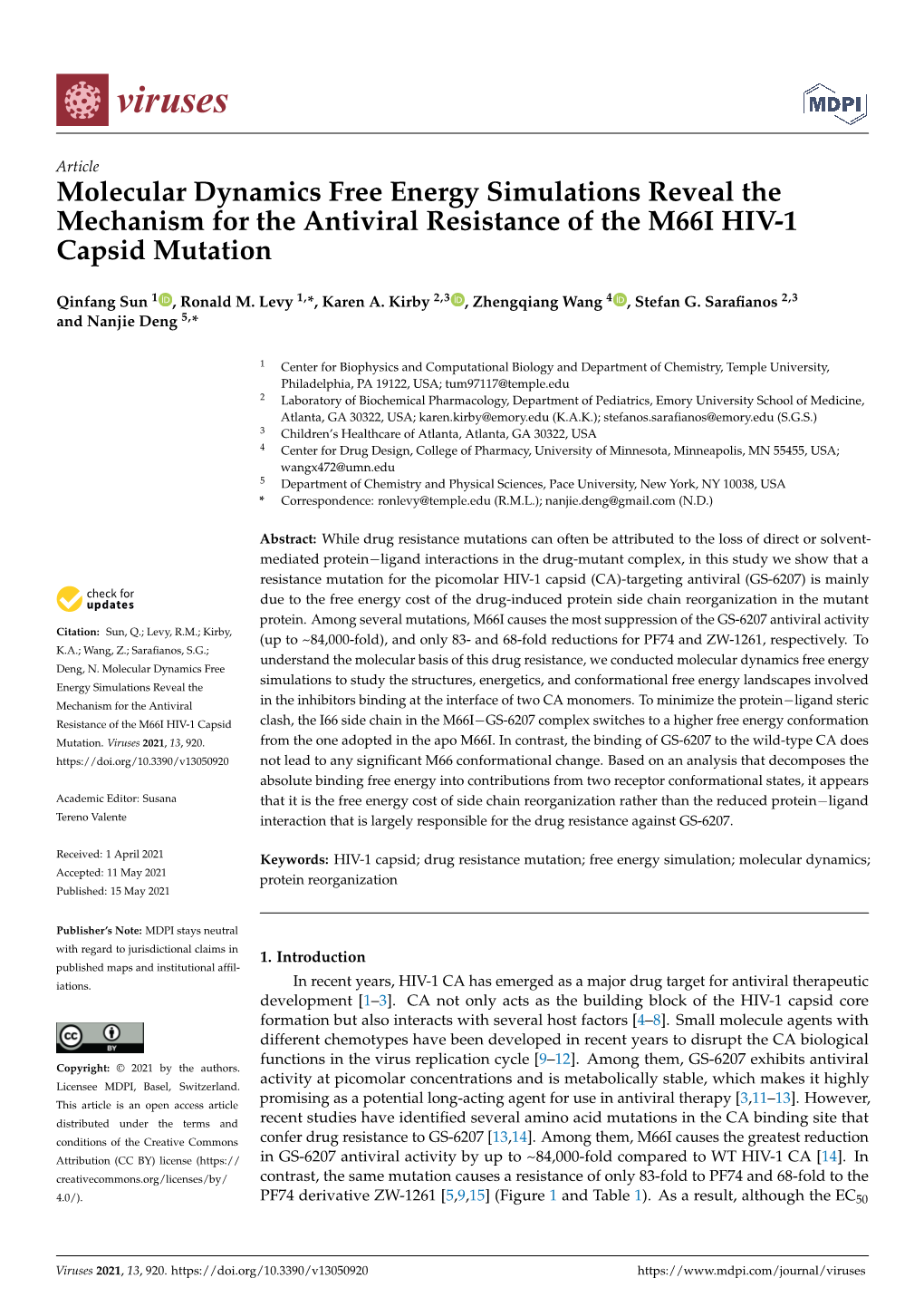 Molecular Dynamics Free Energy Simulations Reveal the Mechanism for the Antiviral Resistance of the M66I HIV-1 Capsid Mutation