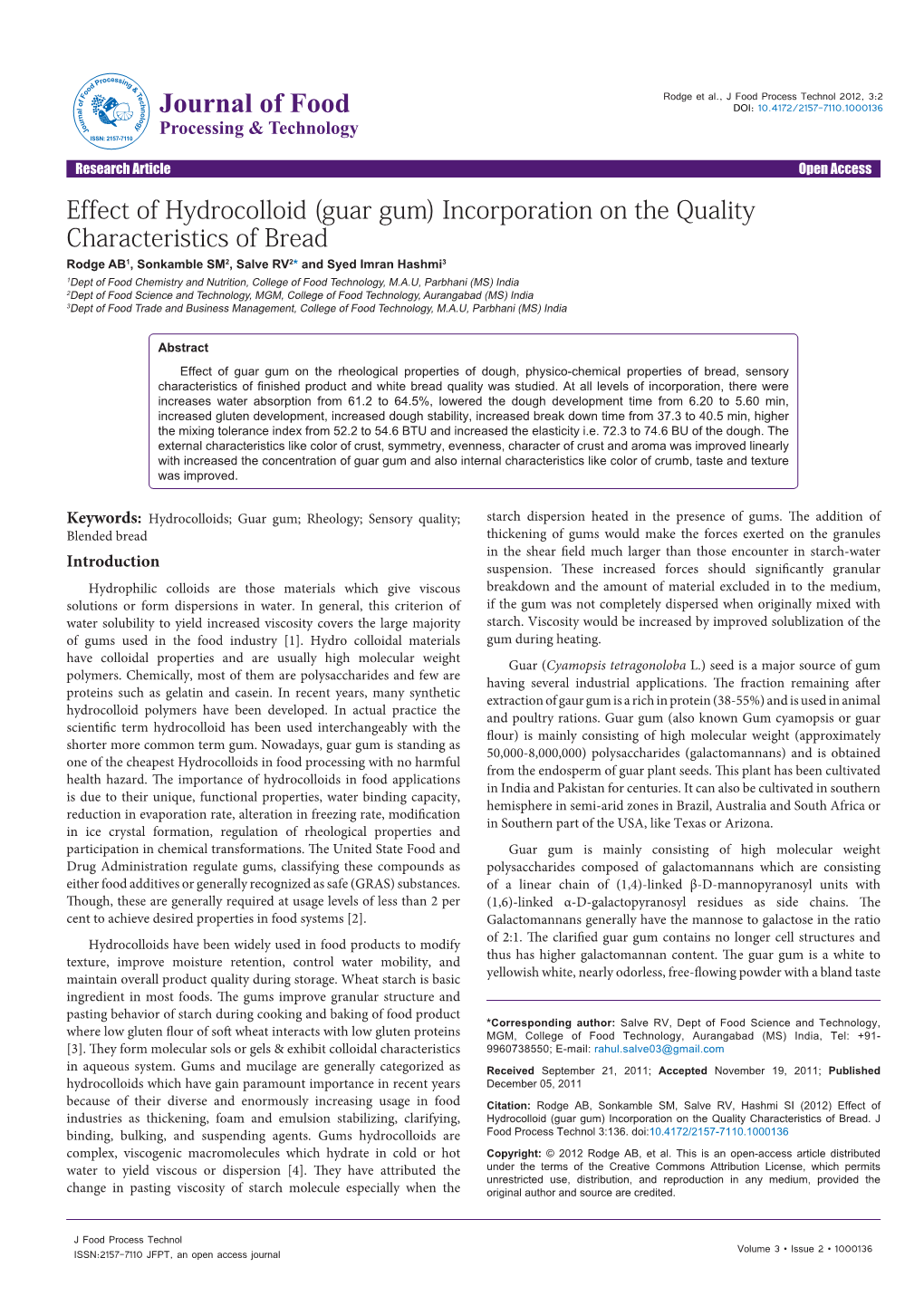 (Guar Gum) Incorporation on the Quality Characteristics of Bread