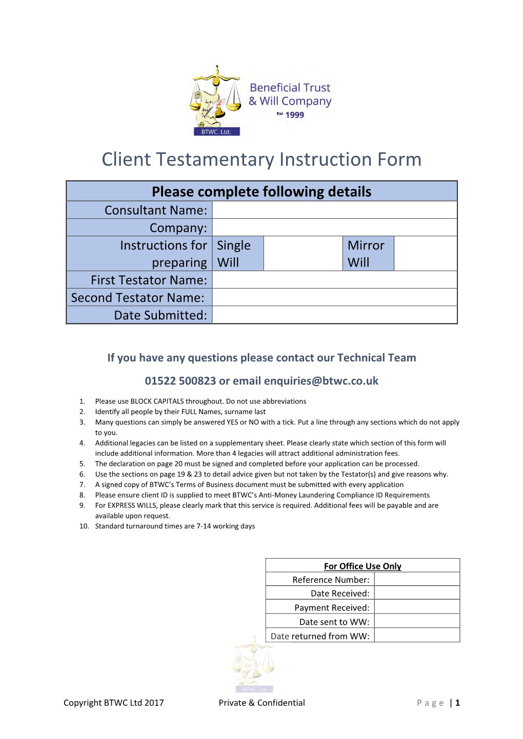 Client Testamentary Instruction Form
