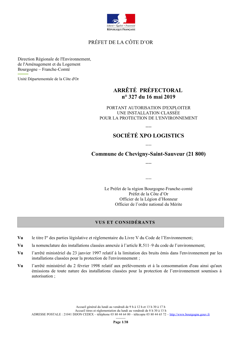 ARRÊTÉ PRÉFECTORAL N° 327 Du 16 Mai 2019 SOCIÉTÉ XPO