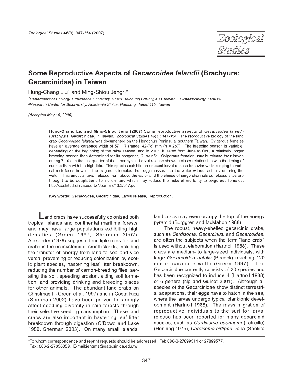 Some Reproductive Aspects of Gecarcoidea Lalandii