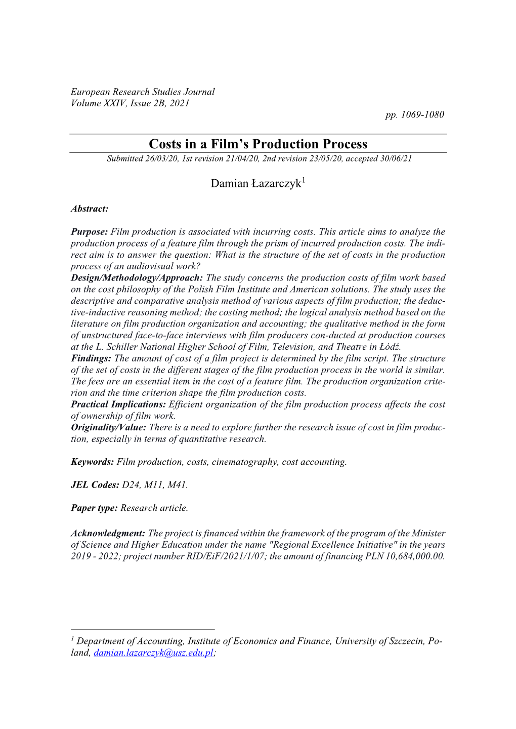 Costs in a Film's Production Process