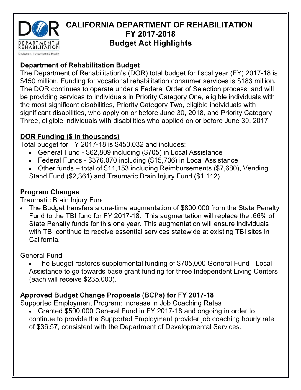 Budget Act Highlights