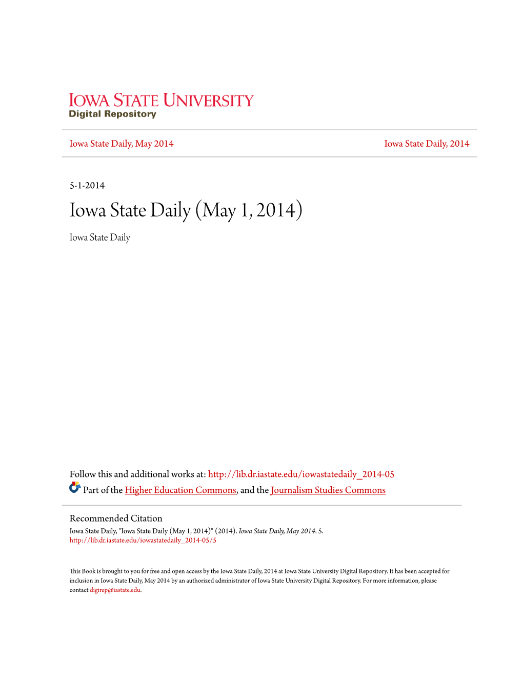 Iowa State Daily (May 1, 2014) Iowa State Daily