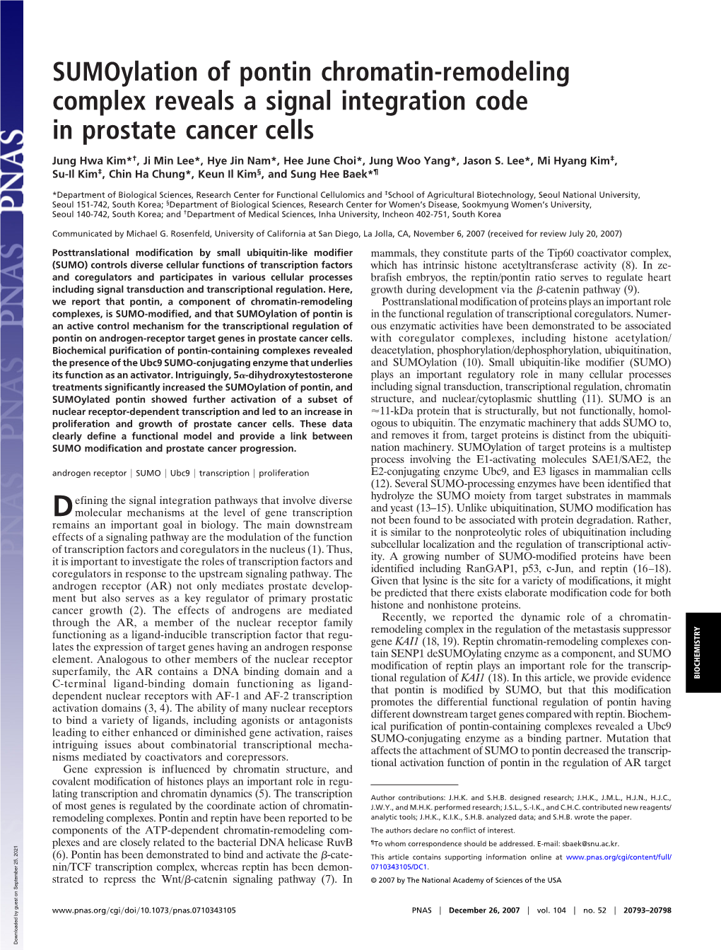 Sumoylation of Pontin Chromatin-Remodeling Complex Reveals a Signal Integration Code in Prostate Cancer Cells