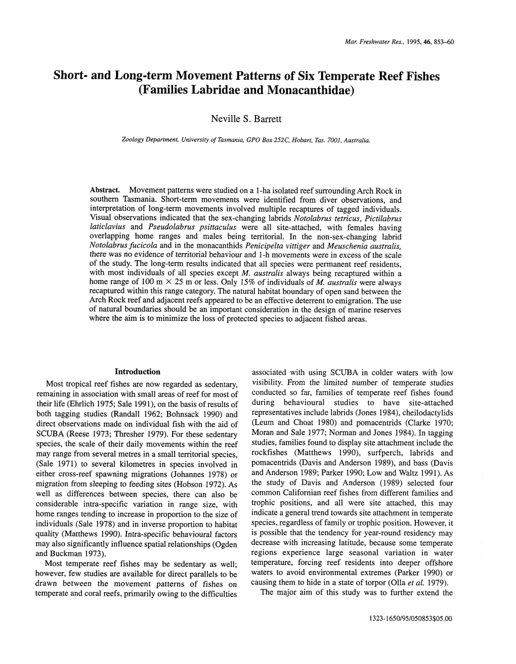 And Long-Term Movement Patterns of Six Temperate Reef Fishes (Families Labridae and Monacanthidae)